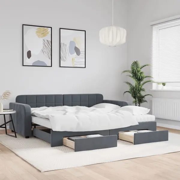 Gossi pat de zi cu extensie si sertare gri inchis 90x200 cm catifea