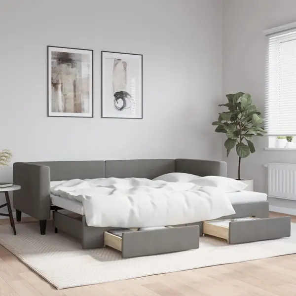 Gossi pat de zi cu extensie si sertare, gri inchis, 90x200 cm textil
