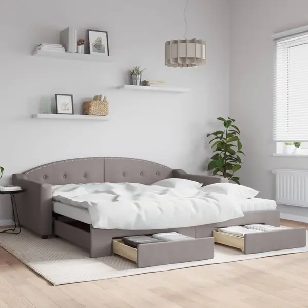 Gossi pat de zi cu extensie si sertare, gri taupe, 100x200 cm, textil
