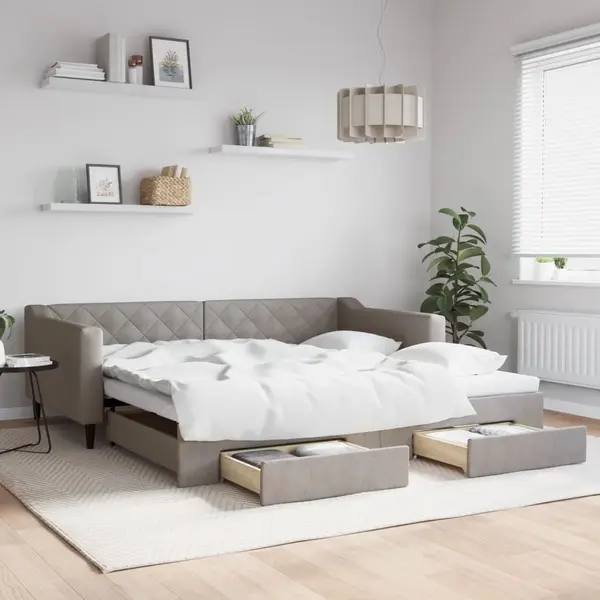 Gossi pat de zi cu extensie si sertare, gri taupe, 100x200 cm, textil