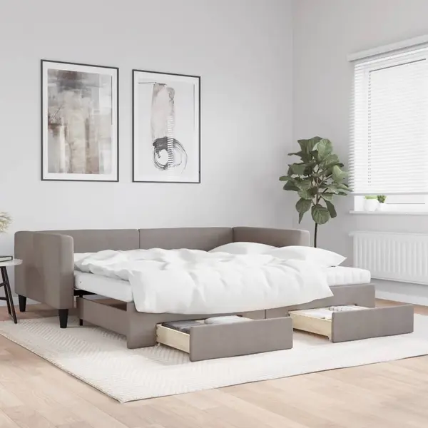 Gossi pat de zi cu extensie si sertare, gri taupe, 100x200 cm, textil
