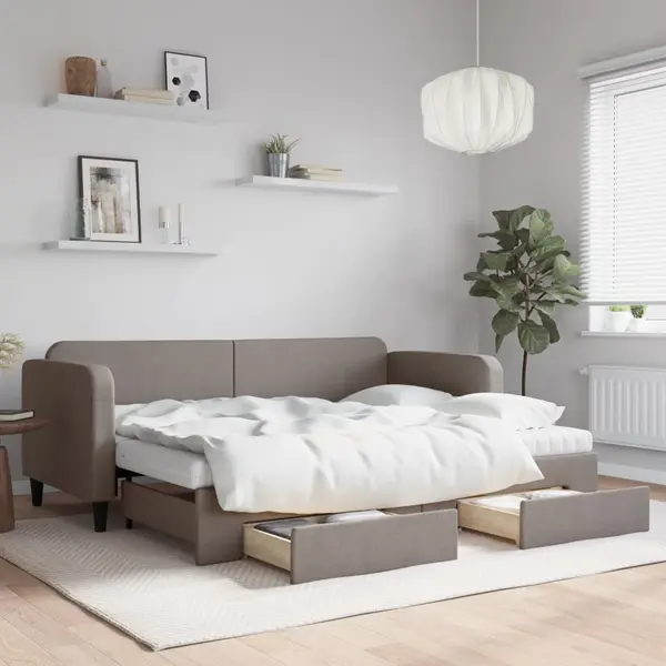 Gossi pat de zi cu extensie si sertare, gri taupe, 80x200 cm, textil
