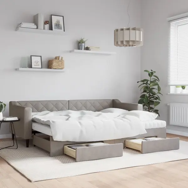 Gossi pat de zi cu extensie si sertare, gri taupe, 80x200 cm, textil