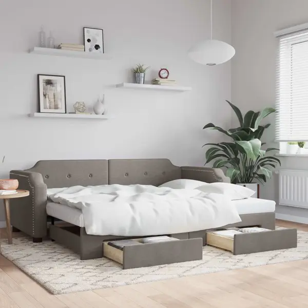 Gossi pat de zi cu extensie si sertare, gri taupe, 80x200 cm, textil