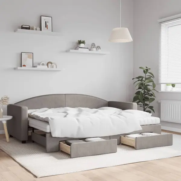 Gossi pat de zi cu extensie si sertare, gri taupe, 80x200 cm, textil