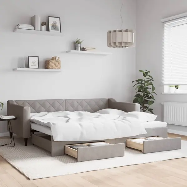 Gossi pat de zi cu extensie si sertare, gri taupe, 90x200 cm, textil