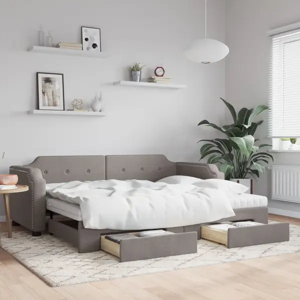 Gossi pat de zi cu extensie si sertare, gri taupe, 90x200 cm, textil