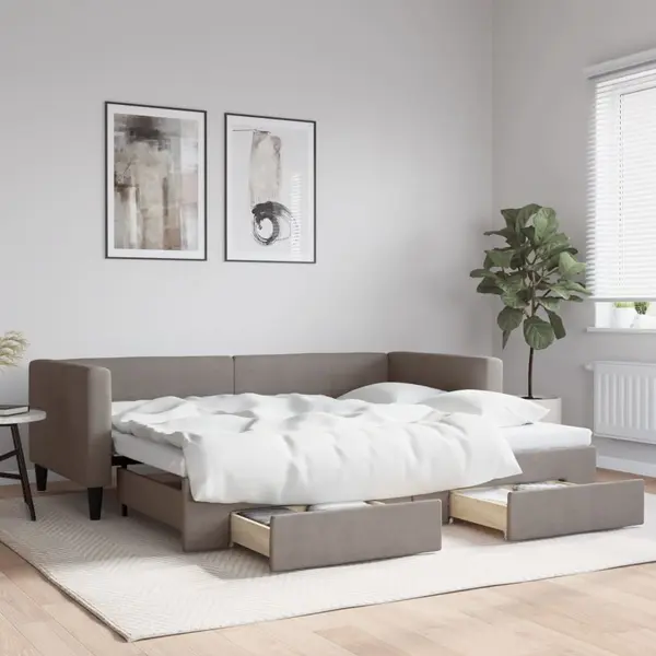 Gossi pat de zi cu extensie si sertare, gri taupe, 90x200 cm, textil