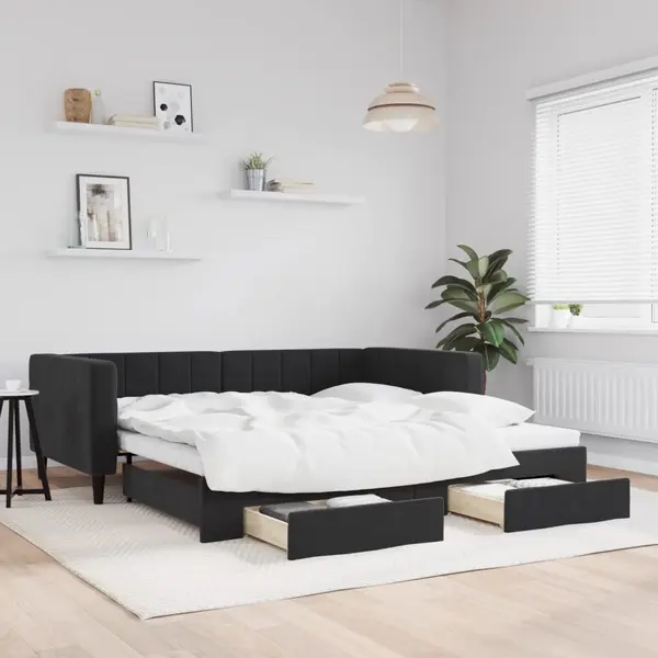 Gossi pat de zi cu extensie si sertare, negru, 100x200 cm, catifea