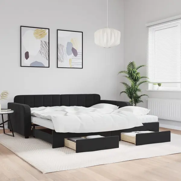 Gossi pat de zi cu extensie si sertare, negru, 100x200 cm, catifea