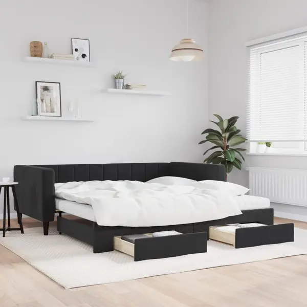 Gossi pat de zi cu extensie si sertare, negru, 100x200 cm, catifea