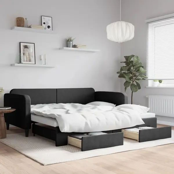 Gossi pat de zi cu extensie si sertare, negru, 100x200 cm, textil