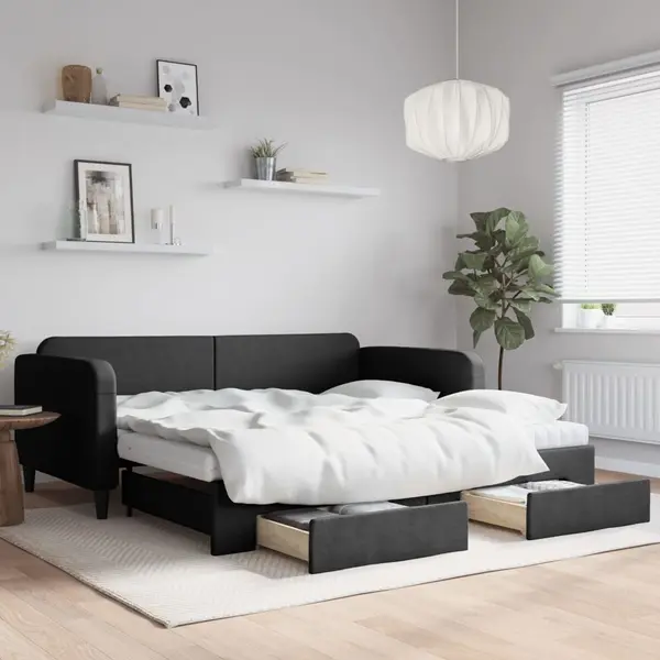 Gossi pat de zi cu extensie si sertare, negru, 100x200 cm, textil