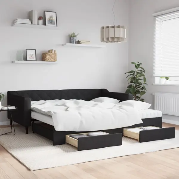 Gossi pat de zi cu extensie si sertare, negru, 100x200 cm, textil
