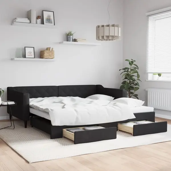 Gossi pat de zi cu extensie si sertare, negru, 100x200 cm, textil
