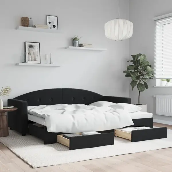 Gossi pat de zi cu extensie si sertare, negru, 80x200 cm, catifea
