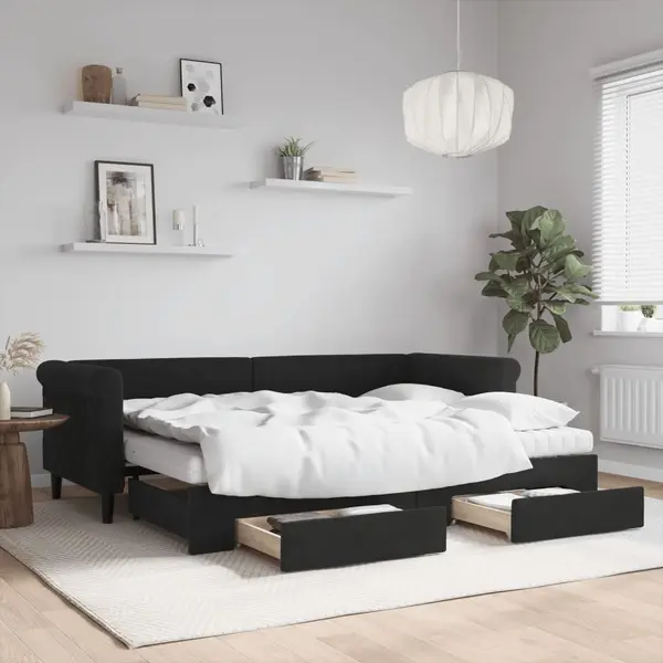 Gossi pat de zi cu extensie si sertare, negru, 80x200 cm, catifea