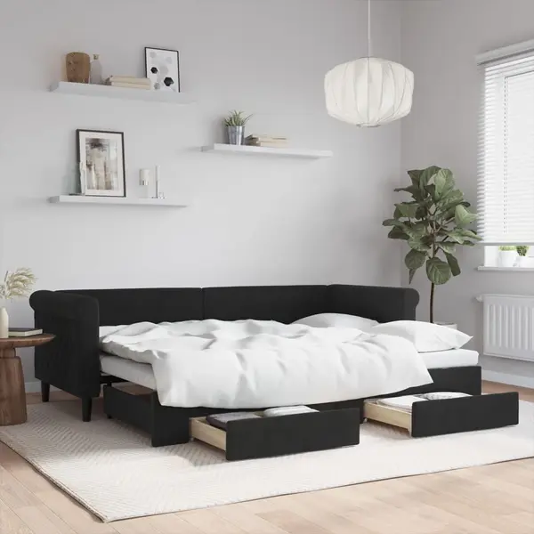 Gossi pat de zi cu extensie si sertare, negru, 80x200 cm, catifea