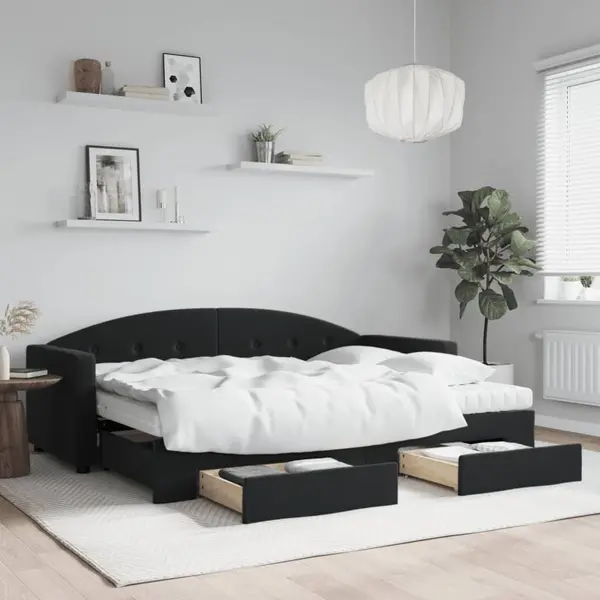 Gossi pat de zi cu extensie si sertare, negru, 80x200 cm, catifea