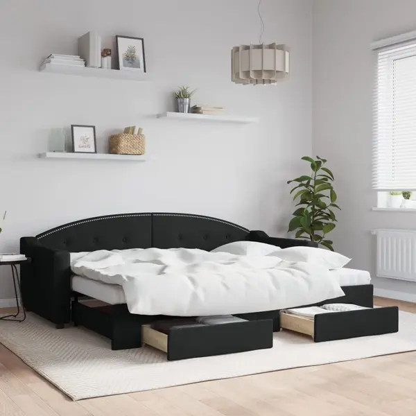 Gossi pat de zi cu extensie si sertare, negru, 80x200 cm, textil