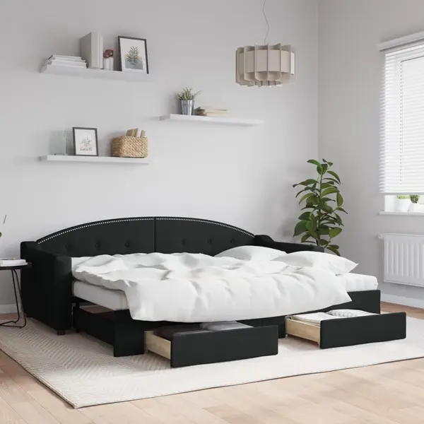 Gossi pat de zi cu extensie si sertare, negru, 80x200 cm, textil