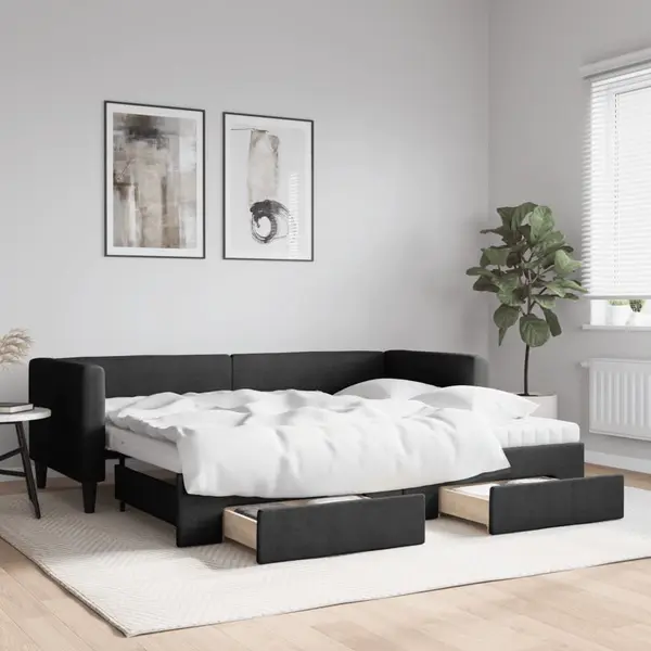 Gossi pat de zi cu extensie si sertare, negru, 80x200 cm, textil
