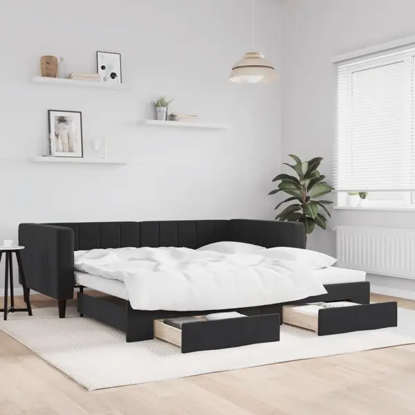 Gossi pat de zi cu extensie si sertare, negru, 90x190 cm, catifea