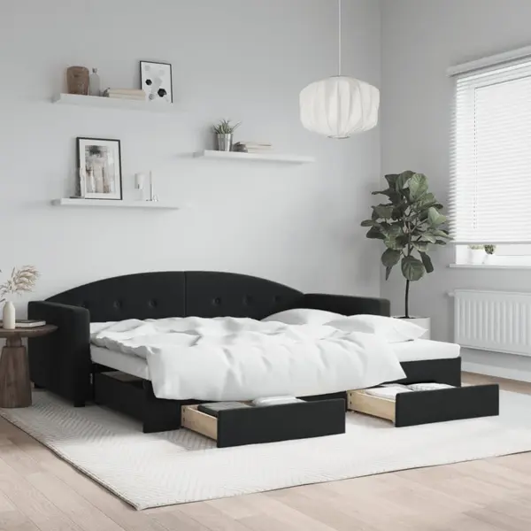 Gossi pat de zi cu extensie si sertare, negru, 90x190 cm, catifea