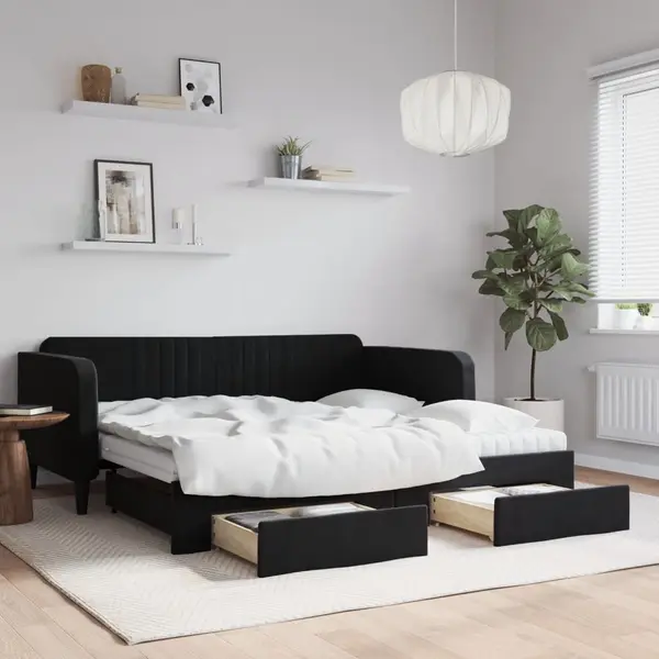 Gossi pat de zi cu extensie si sertare, negru, 90x190 cm, catifea