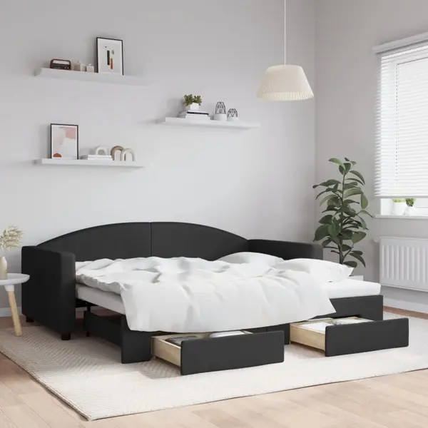 Gossi pat de zi cu extensie si sertare, negru, 90x190cm, textil