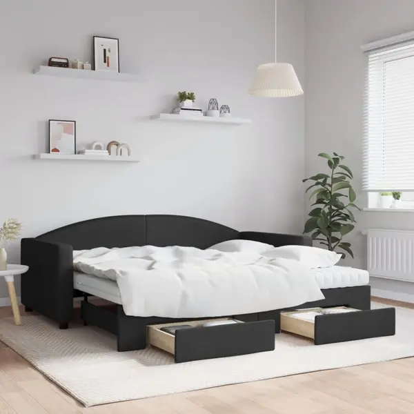 Gossi pat de zi cu extensie si sertare, negru, 90x190cm, textil