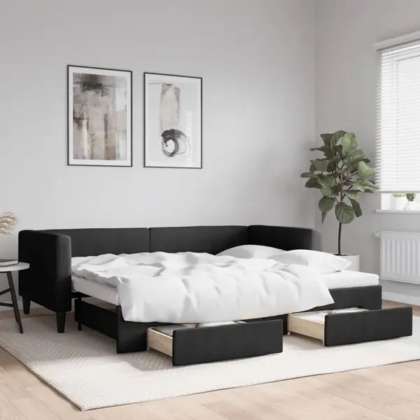 Gossi pat de zi cu extensie si sertare, negru, 90x190cm, textil