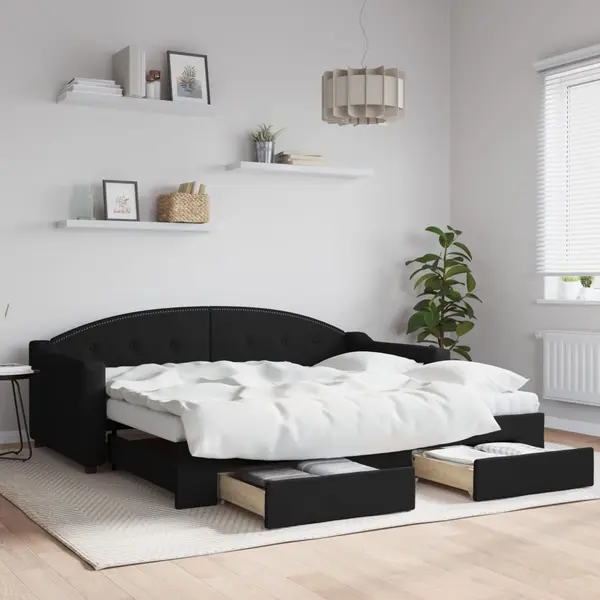 Gossi pat de zi cu extensie si sertare, negru, 90x190cm, textil