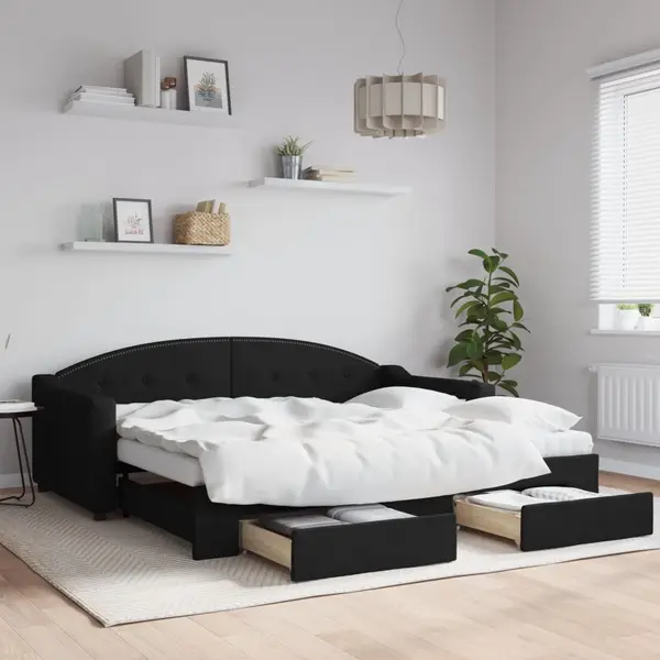 Gossi pat de zi cu extensie si sertare, negru, 90x190cm, textil