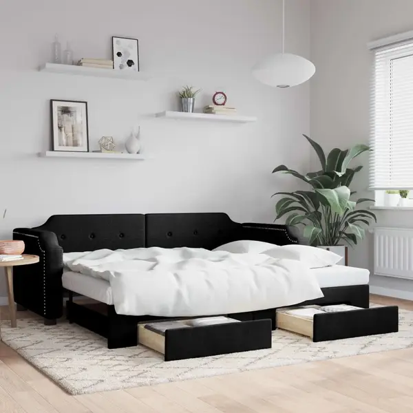 Gossi pat de zi cu extensie si sertare, negru, 90x190cm, textil