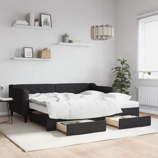 Gossi pat de zi cu extensie si sertare, negru, 90x190cm, textil