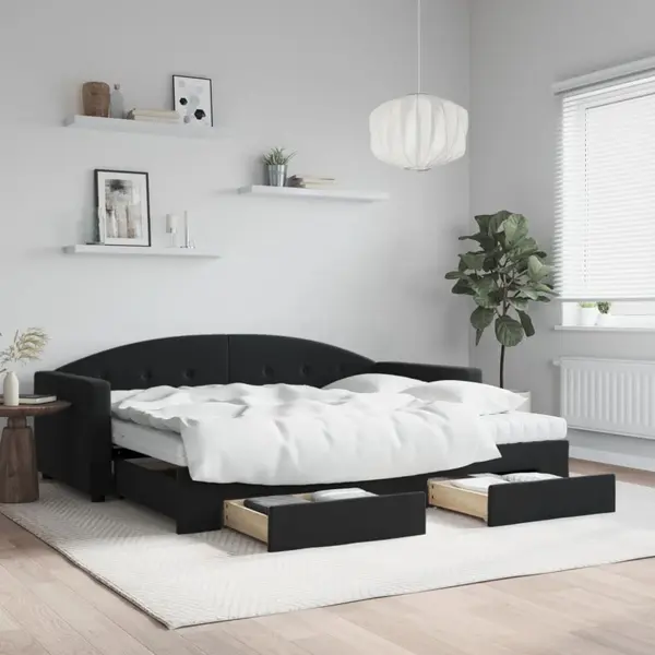 Gossi pat de zi cu extensie si sertare, negru, 90x200 cm, catifea