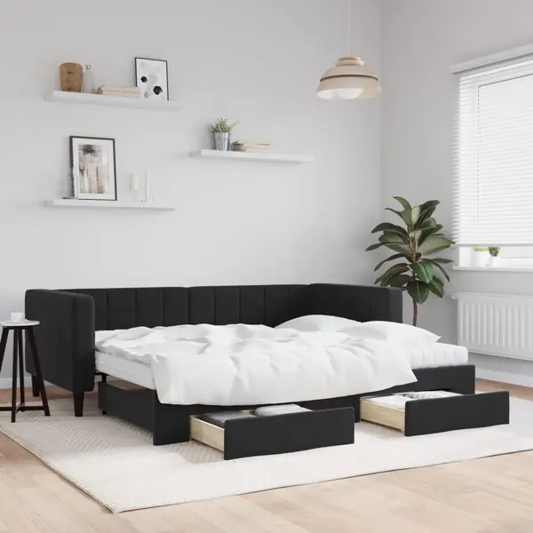 Gossi pat de zi cu extensie si sertare, negru, 90x200 cm, catifea