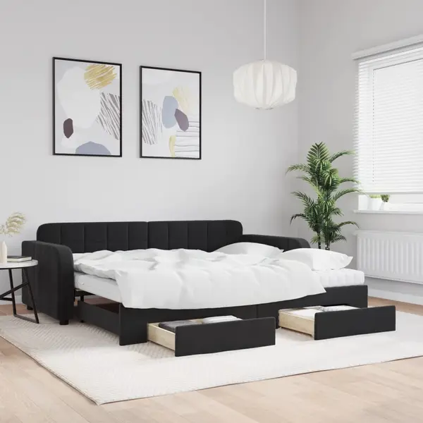 Gossi pat de zi cu extensie si sertare, negru, 90x200 cm, catifea