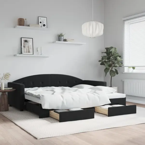 Gossi pat de zi cu extensie si sertare, negru, 90x200 cm, catifea