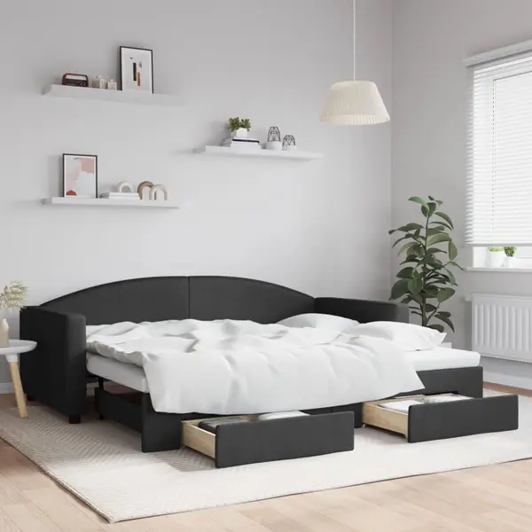 Gossi pat de zi cu extensie si sertare, negru, 90x200 cm, textil