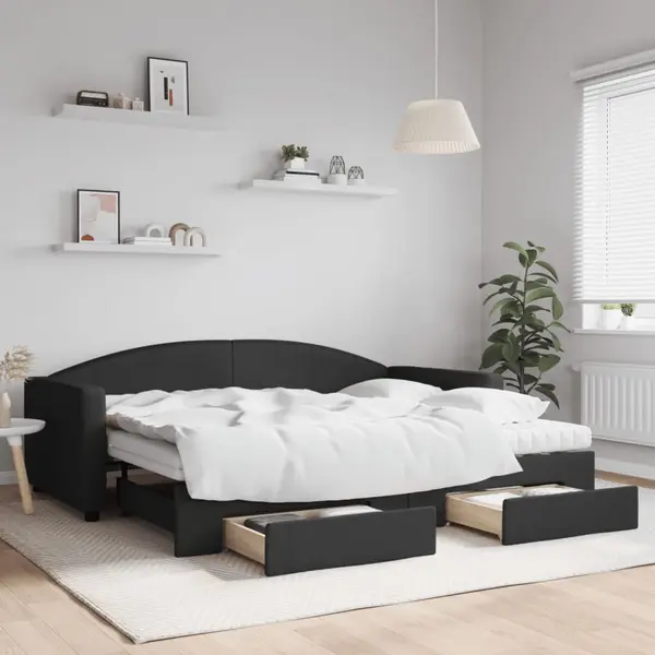 Gossi pat de zi cu extensie si sertare, negru, 90x200 cm, textil