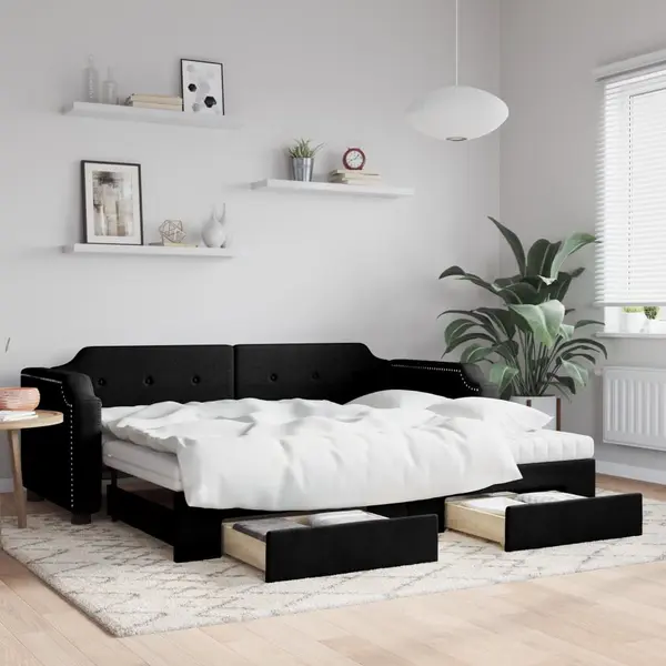 Gossi pat de zi cu extensie si sertare, negru, 90x200 cm, textil
