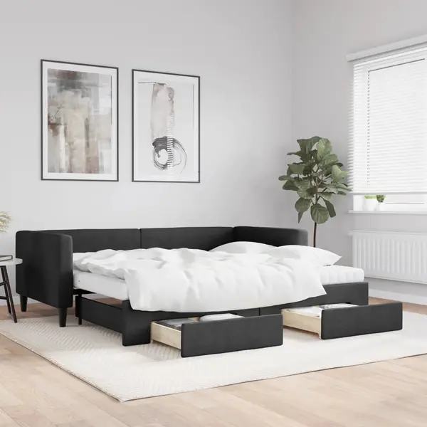 Gossi pat de zi cu extensie si sertare, negru, 90x200 cm, textil