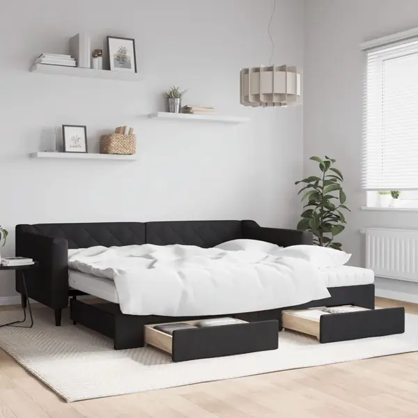 Gossi pat de zi cu extensie si sertare, negru, 90x200 cm, textil