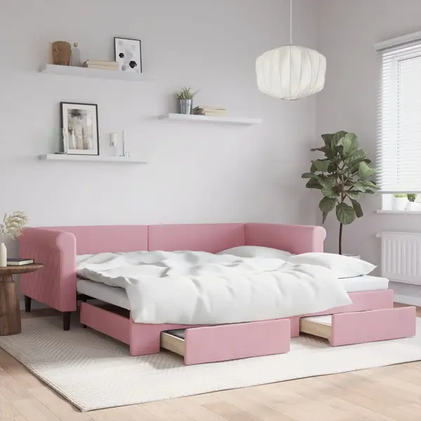 Gossi pat de zi cu extensie si sertare, roz, 100x200 cm, catifea
