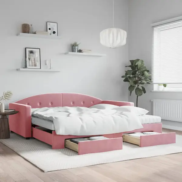Gossi pat de zi cu extensie si sertare, roz, 100x200 cm, catifea
