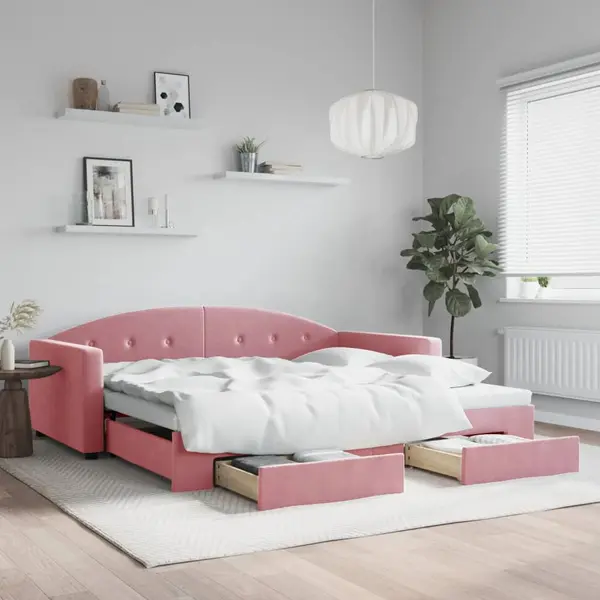 Gossi pat de zi cu extensie si sertare, roz, 100x200 cm, catifea