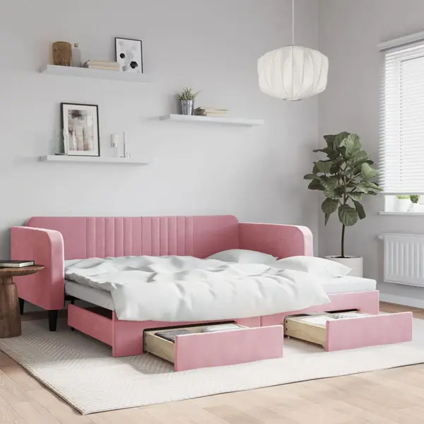 Gossi pat de zi cu extensie si sertare, roz, 100x200 cm, catifea