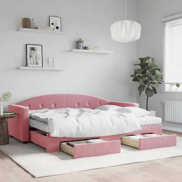 Gossi pat de zi cu extensie si sertare, roz, 80x200 cm, catifea